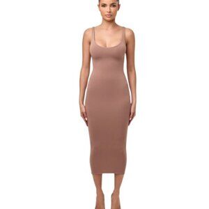 Naked Wardrobe tan bodycon sculpt tank midi dress size M